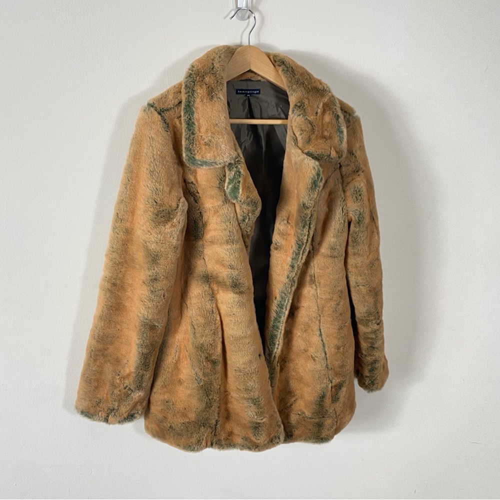 VINTAGE ANTHROPOLOGIE Oversized Faux Fur Coat Orange Brown with Gray hues - M - Picture 10 of 14